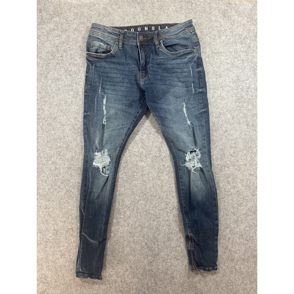 YoungLA Distressed Skinny Jeans 28 Blue Ripped Ankle Zip Denim